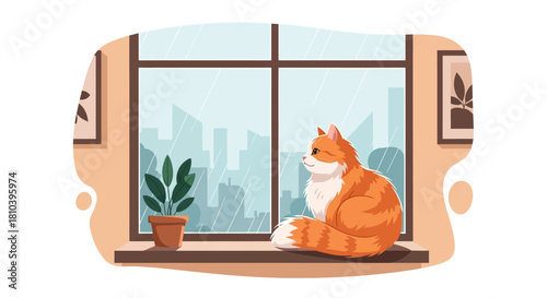 Cozy feline companion gazing pensively at urban landscape from window seat illustration