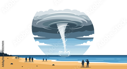 Spectators observe powerful waterspout forming over the sea from a sandy beach environment