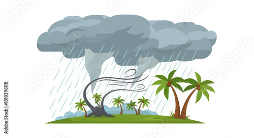 Stylized hurricane formation with dark clouds over tropical island landscape