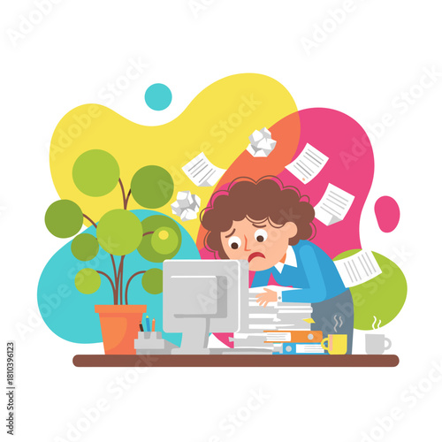 Overworked employee struggling with massive paperwork and deadlines at the office desk