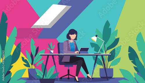 Woman using tablet in a vibrant plantfilled home office Remote work and productivity concept