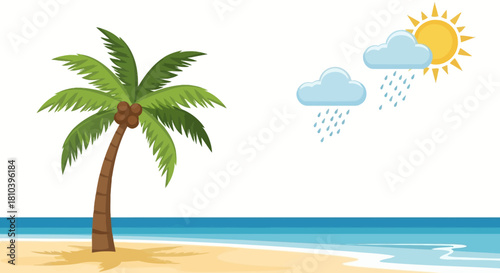 Cartoon beach scene with a palm tree, rain clouds, and the sun suggesting variable weather