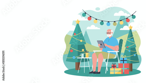 Elderly man enjoys Christmas vacation outdoors using a tablet next to decorated trees and gifts