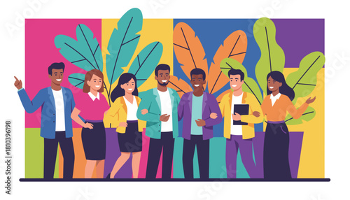 Diverse professional team smiling standing together against a vibrant modern background