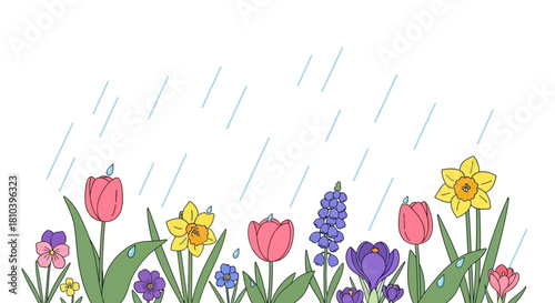 Animated flowers in springtime rain, conveying a sense of renewal and peaceful rainy season