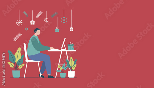 Man working remotely on his computer during the festive winter holidays Vector illustration