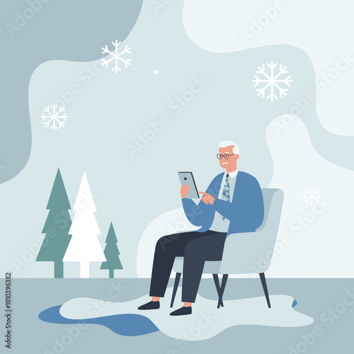 Professional elderly man works on tablet in snowy winter scene Technology and business concept