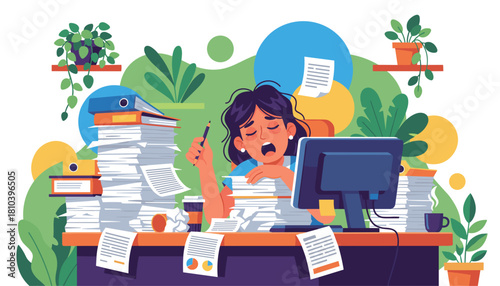 Overwhelmed office worker yawning buried in a massive stressful pile of paperwork