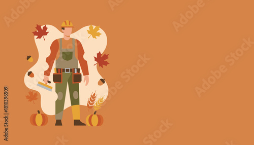 Professional worker with autumn decorations Seasonal labor construction and repair concept