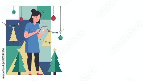 Angry woman using tablet among Christmas decorations Holiday stress technology problem illustration