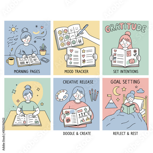 Selfcare and wellness journaling routine concepts Morning pages mood tracking goal setting