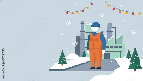 Worker in safety gear at industrial plant during a snowy winter holiday season