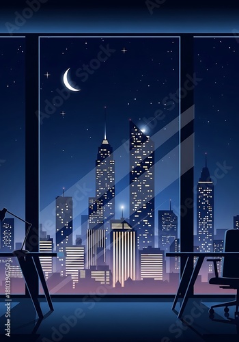 Serene night cityscape view from modern office space illustration