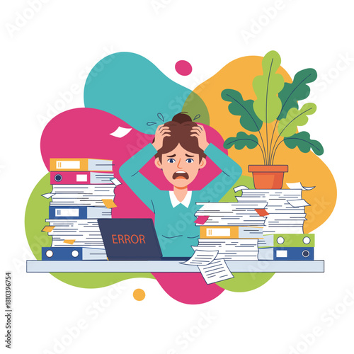 Overwhelmed businesswoman stressed by heavy workload piles of paper and laptop error