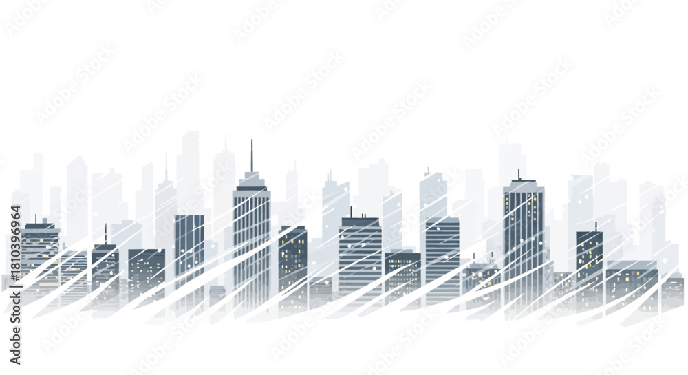 Naklejka premium Stylized cityscape vector illustration, winter atmosphere and minimalist design with geometric