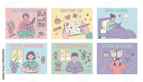 Selfcare routine illustrations daily reflection gratitude log affirmations and setting intentions