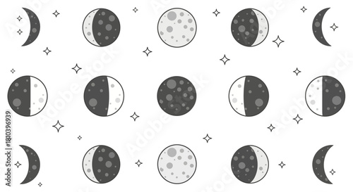Monochromatic Lunar Phases: A Seamless Pattern Displaying Moon Cycles and Celestial Stars