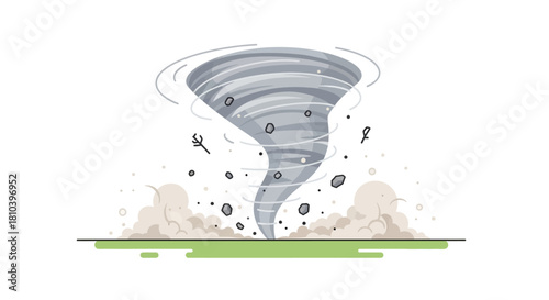 Stylized tornado illustration with swirling winds and debris scattering widely across the landscape