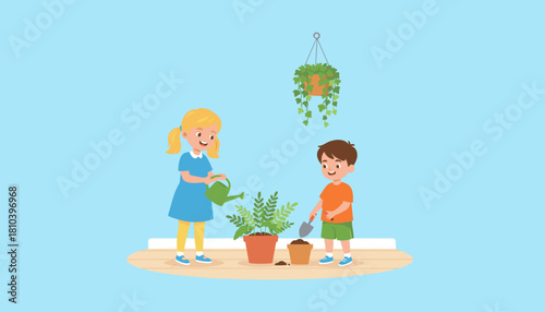Smiling children caring for houseplants Indoor gardening hobby development and environmental education