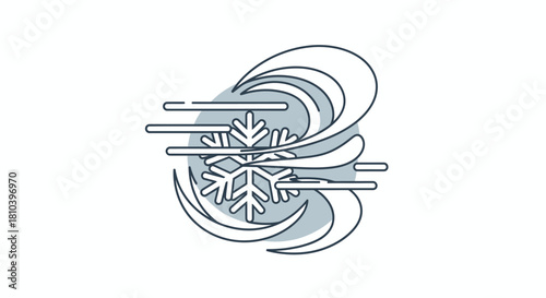Stylized snowflake encased in swirling wind patterns presenting a wintry weather concept