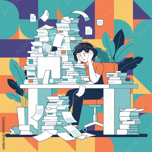 Stressed employee buried under a massive pile of paperwork illustrating overwhelming workload and office burnout