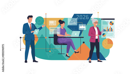 Professional team studying digital charts and graphs for 2026 business planning