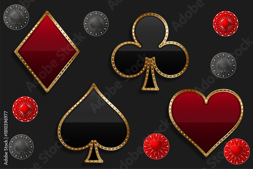 A vibrant 3D illustration set featuring colorful casino card suits, perfect for gaming, gambling themes, and modern casino design