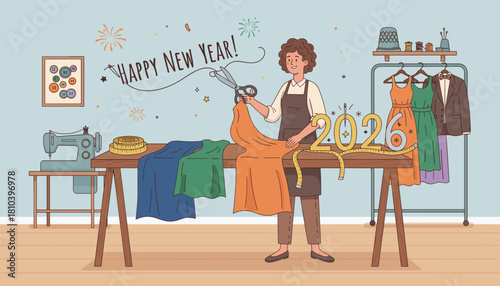 Fashion tailor cutting fabric for 2026 New Year design representing growth and small business success