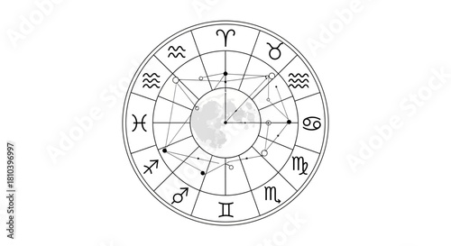 Monochrome astrological chart displaying zodiac signs and lunar phases revealing celestial