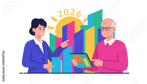 Businesswoman showing senior client financial projections for 2026 growth on a digital graph