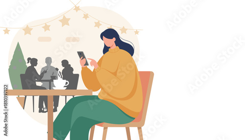 Woman in a cozy sweater using a smartphone at a winter cafe Digital connection and modern lifestyle