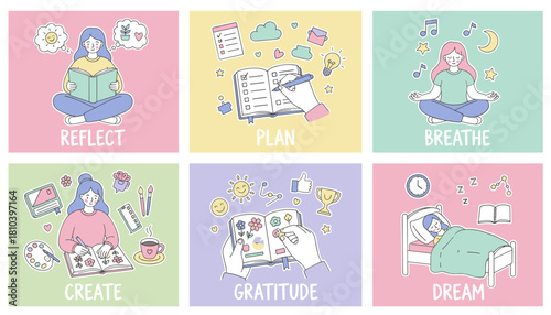 Six mental health habits reflect plan breathe create gratitude and dream Cute cartoon selfcare routine