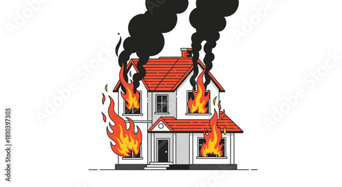 Conceptual depiction of a house engulfed in flames, symbolizing loss and adversity