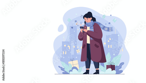 Anxious woman uses smartphone in winter city overwhelmed by holiday social media pressure