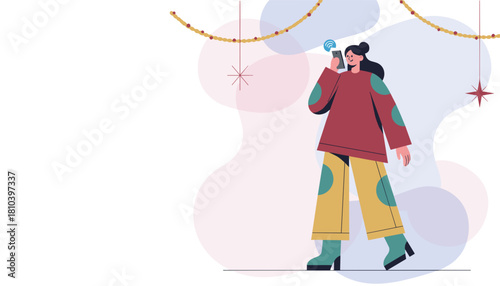 Modern woman uses smartphone with strong WiFi signal amidst abstract festive decor