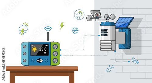 Animated illustration showcasing a modern connected home weather station setup concept