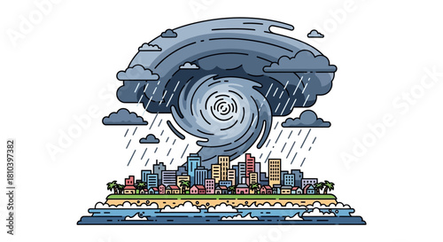 Cartoon hurricane looming over colorful city near the coast with heavy rainfall