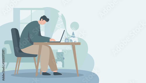 Man working on laptop in cozy winter home office with Christmas decor Remote work concept