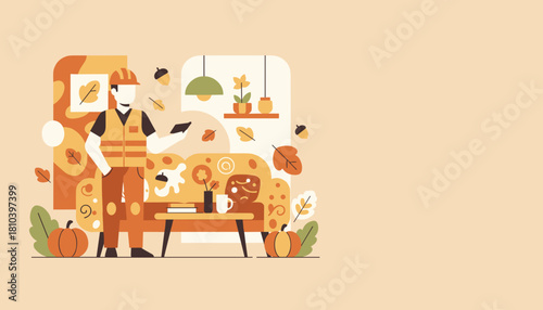 Home services worker uses mobile device in a cozy autumnal living room Flat illustration