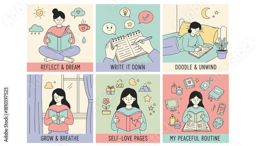 Selfcare and journaling routine illustrations for reflection mental health and peaceful moments