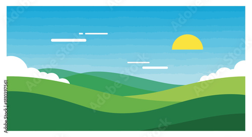 Minimalist vibrant panorama with rolling green hills, clear blue sky and the sun beaming its