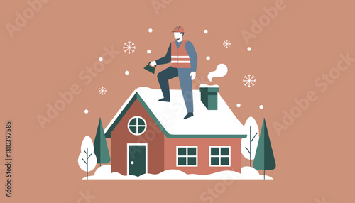 Contractor stands on a snowcovered roof Winter home repair and maintenance service concept