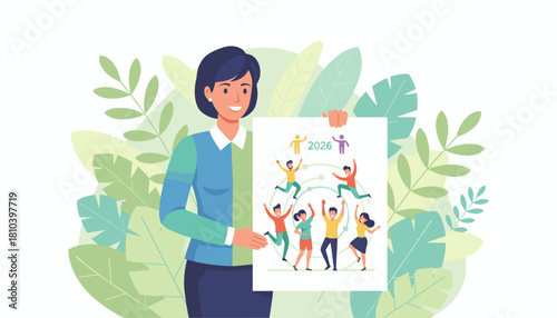 Businesswoman holds a 2026 goal poster showing a successful happy diverse team