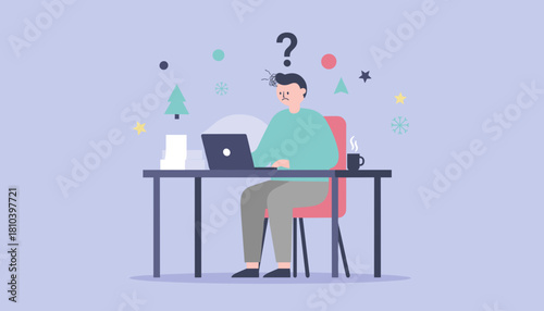 Holiday work stress Confused employee overwhelmed by deadlines and difficult tasks