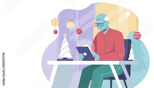 Senior man uses a tablet device at a festive desk connecting digitally during the holidays