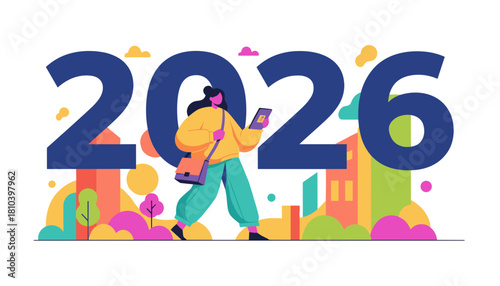 Modern illustration of 2026 Young woman walking through a colorful city using a mobile device