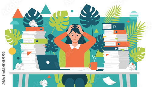 Overwhelmed employee stressed by excessive workload and deadlines suffering professional burnout