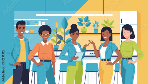 Diverse team smiling in modern office breakroom Inclusion and collaboration