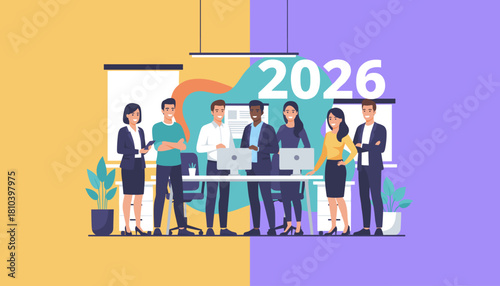 Diverse business team planning goals for 2026 Teamwork and corporate vision in a modern office