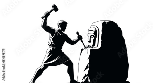 Black and white silhouette of a person sculpting a human head from a stone block with a hammer and chisel, symbolizing effort and craftsmanship.